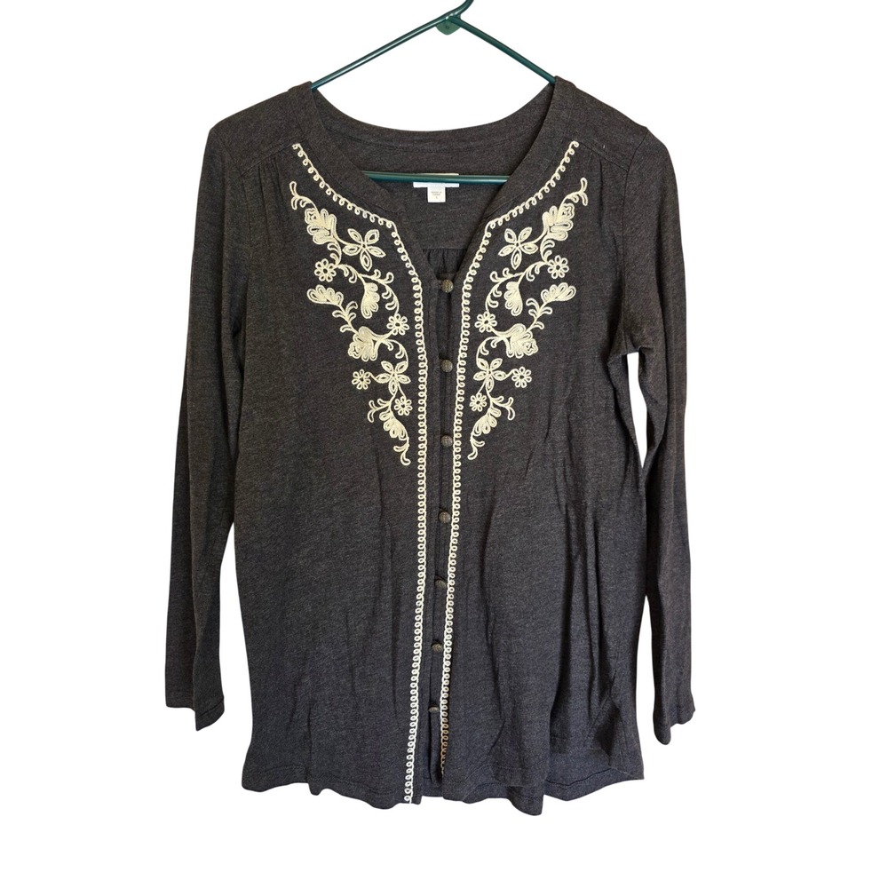 J. Jill Womens Charcoal Gray Embroidered Button Front Long Sleeve Top S Coquette